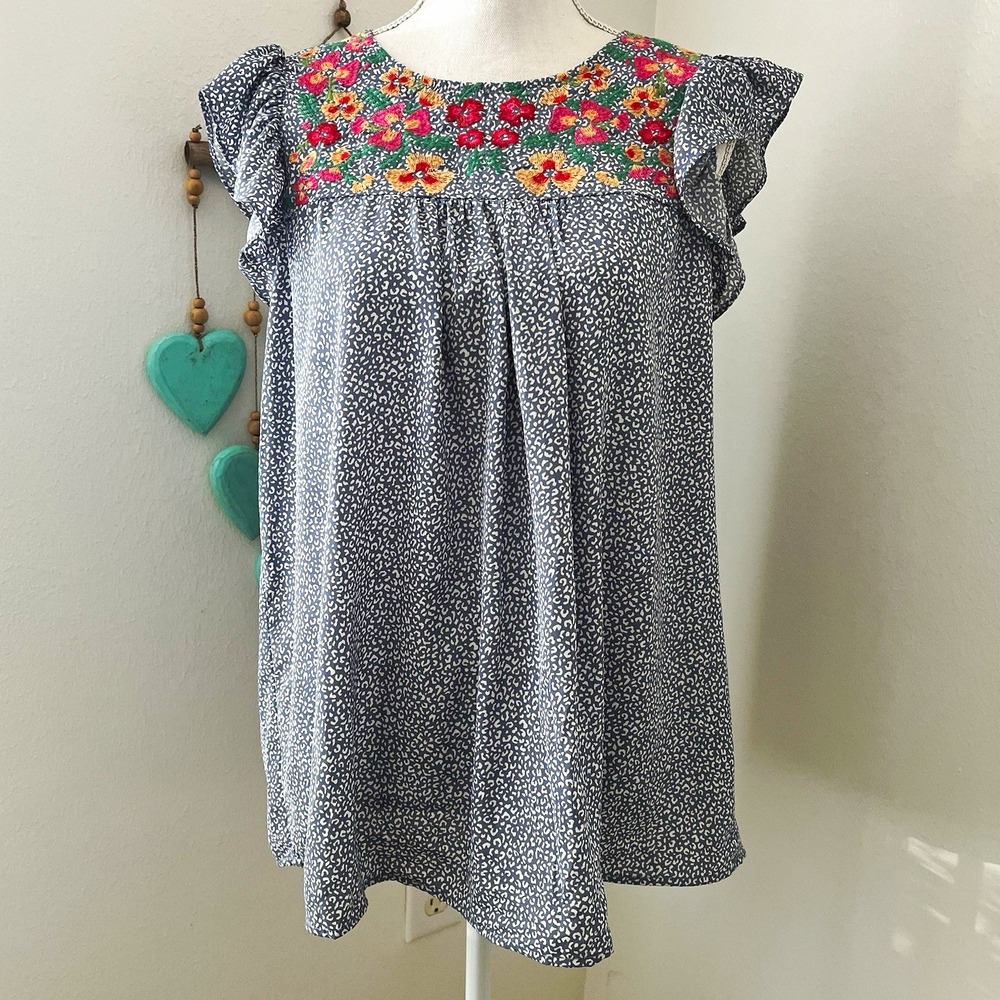L Love Blue White Animal Print Babydoll top S embroidered boho flowy colorful
